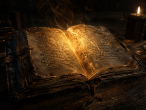 An open, ancient grimoire emitting glowing golden magic tendrils and light from its spine.