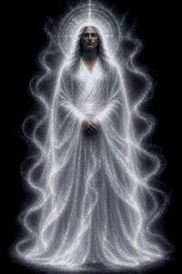 A standing, robed figure with long hair glows in intense white light.