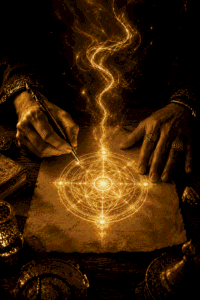 A detailed digital illustration showing hands tracing a glowing golden geometric seal onto parchment.