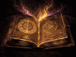 An open ancient grimoire displaying glowing golden seals on both pages while purple and gold magical energy streams upward.