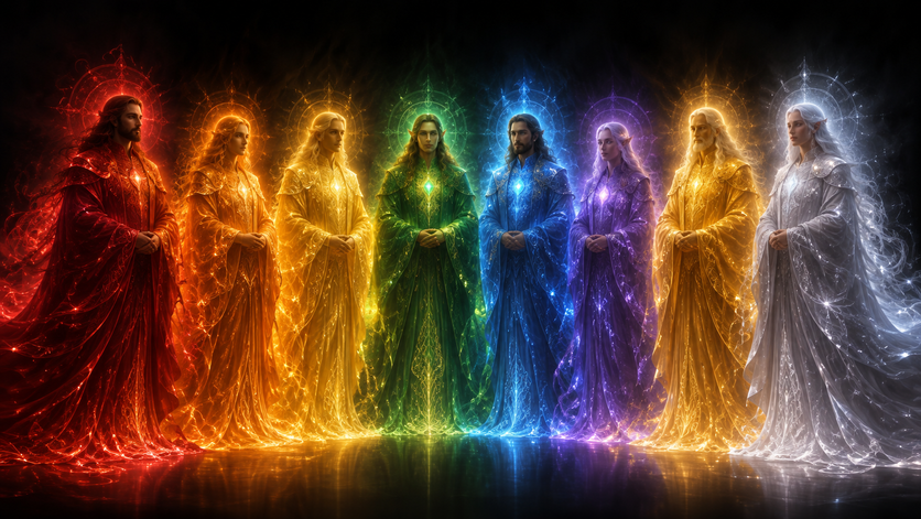 Eight robed, luminous figures stand in a row, each glowing a different rainbow color.