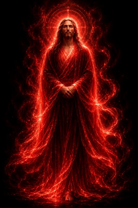 A standing, robed figure with long hair glows in intense red light.