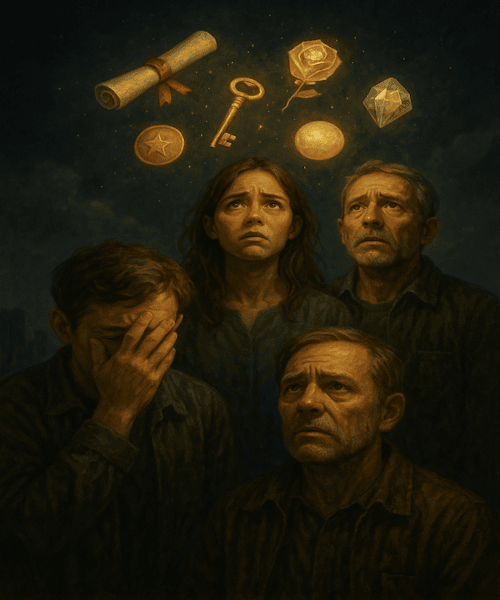 human beings that looks unsure of something and looking up for blessings hovering above them