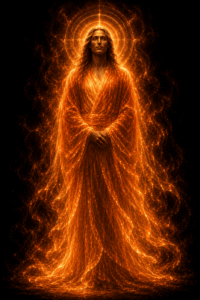 A standing, robed figure with long hair glows in intense orange light.