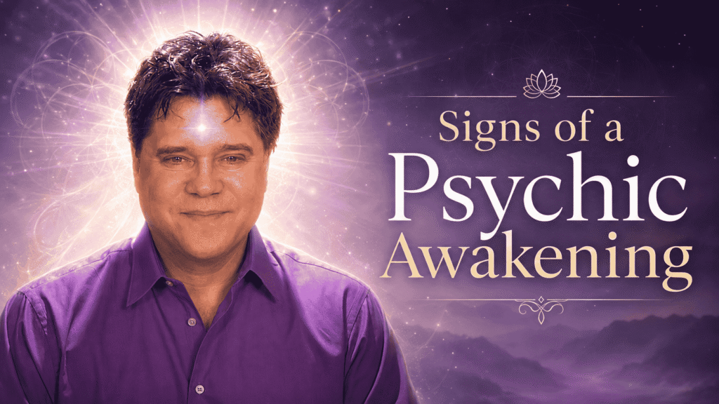 A glowing man next to text reading "Signs of a Psychic Awakening."
