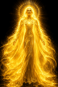 A standing, robed figure with blonde hair glows in intense yellow light.