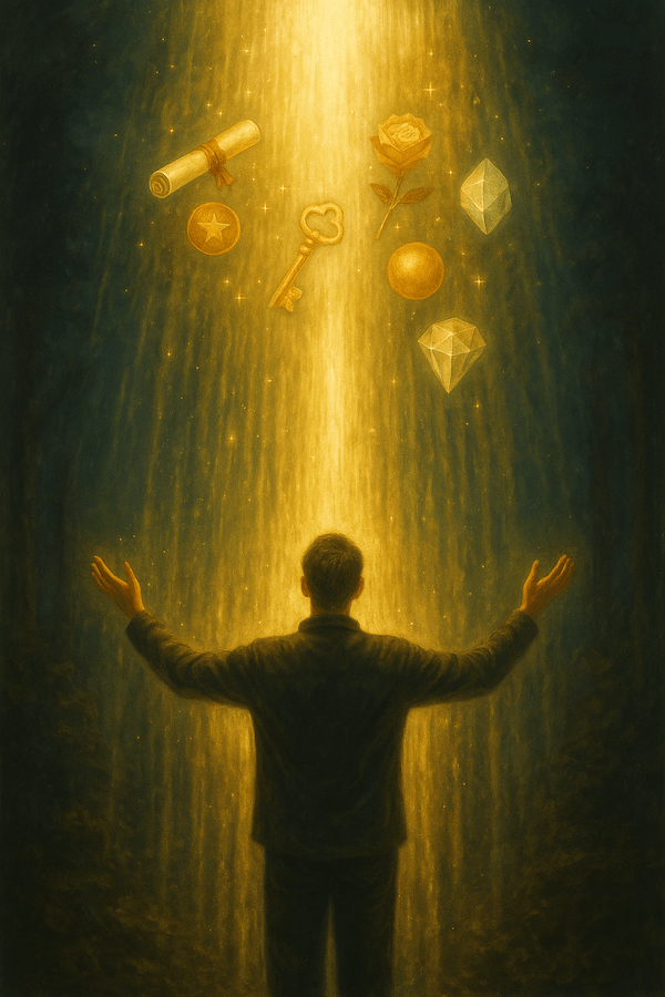 man with raised hands looking from blessings pouring from above