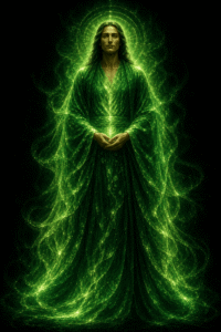 A standing, robed figure with long hair glows in intense green light.