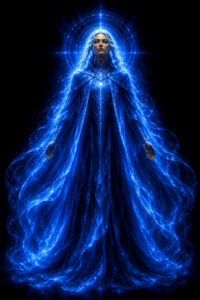 A standing, robed figure with light hair glows in intense blue light.