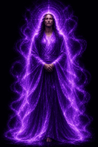 A standing, robed figure with long hair glows in intense purple light.