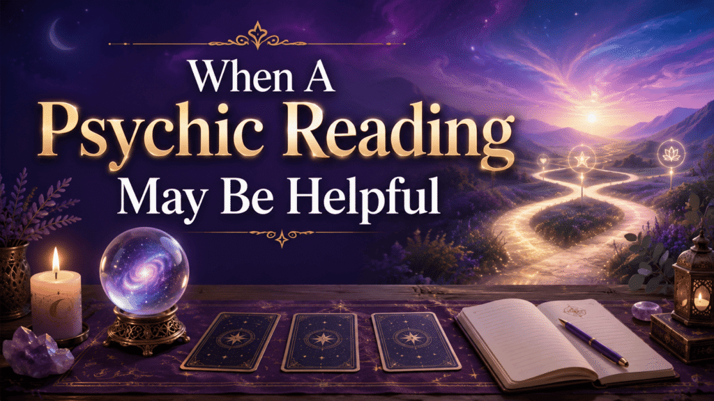A crystal ball and cards beside text reading "When A Psychic Reading May Be Helpful."
