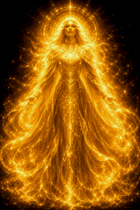 A standing, robed figure with blonde hair glows in intense warm golden light.