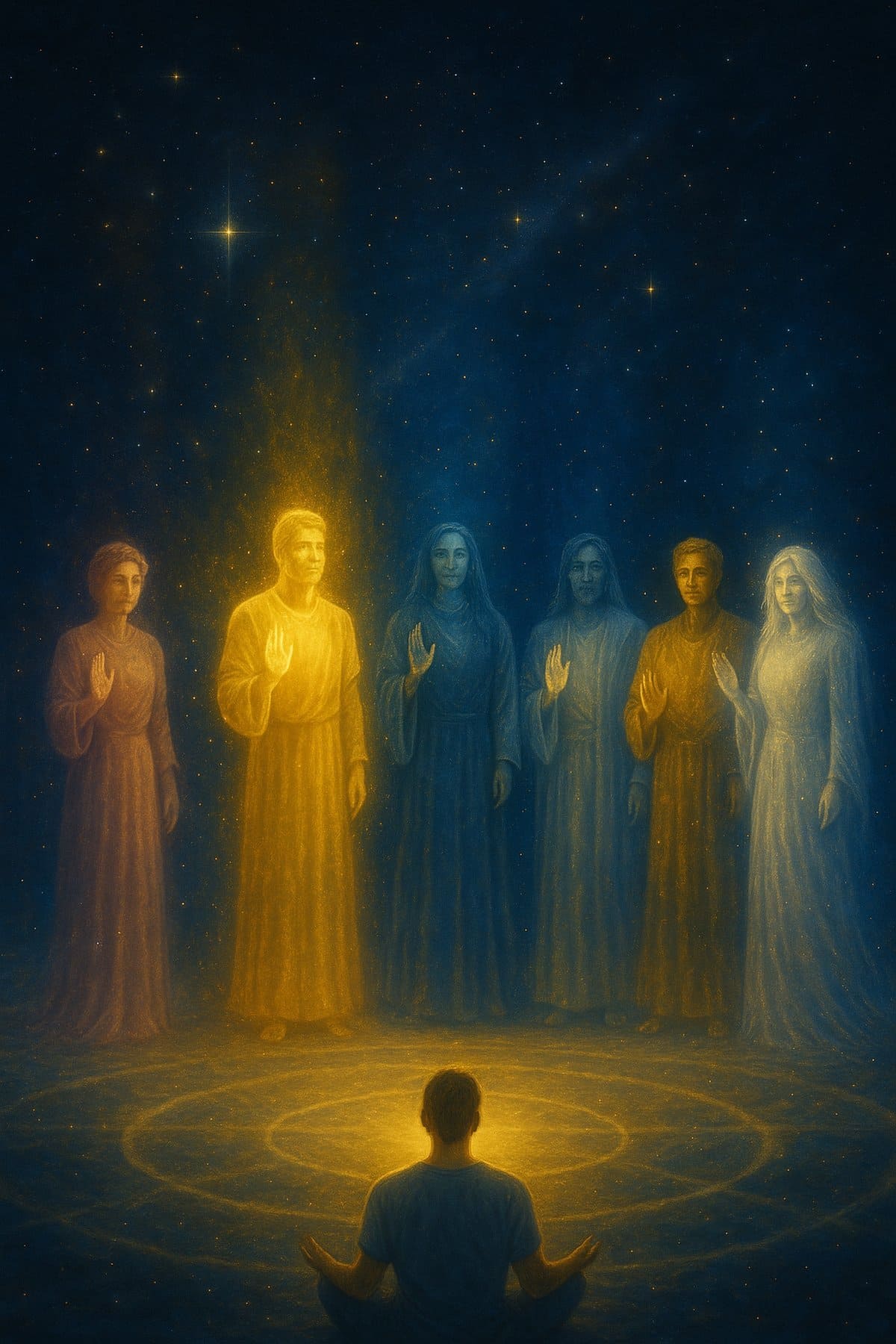 Seven radiant celestial beings stand in a semicircle on a glowing platform within the Astral Sky School, each emanating a distinct colored aura—rose, gold, silvery blue, indigo, white-gold, golden sparks, and moonlit stardust—raising their hands to transmit sacred energies