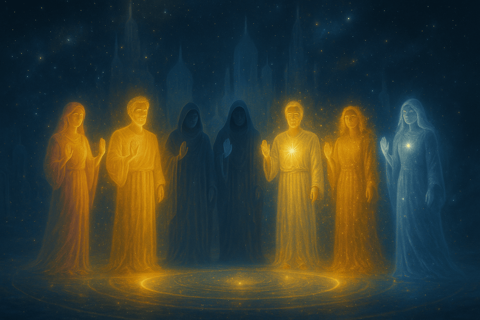 The Seven Divine Teachers stand together in radiant unity within the celestial Astral Sky School, each glowing with a unique frequency of light, prepared to transmit their sacred gifts to those ready to receive them. Stars and galaxies shimmer in the background.