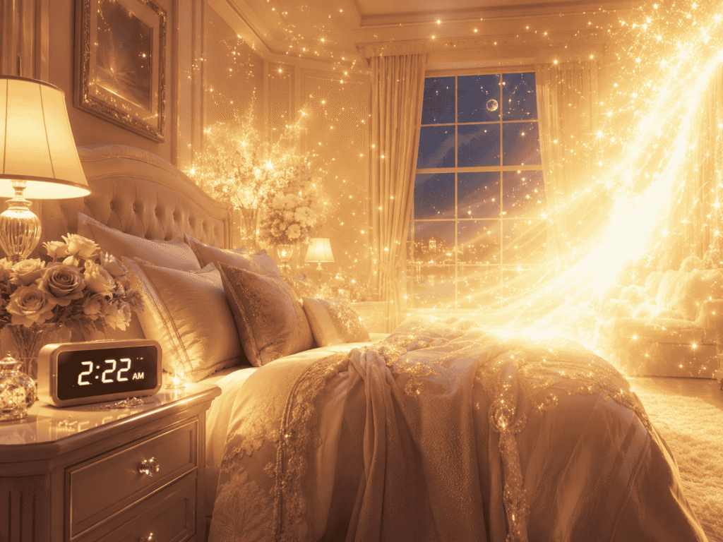 A glowing bedroom at 2:22 AM filled with sparkling golden light.