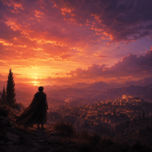 A cloaked figure looks out over an ancient city at sunset.