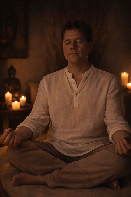 A man in a light-colored linen shirt sits cross-legged on a floor, eyes closed in meditation with thumbs and forefingers touched.