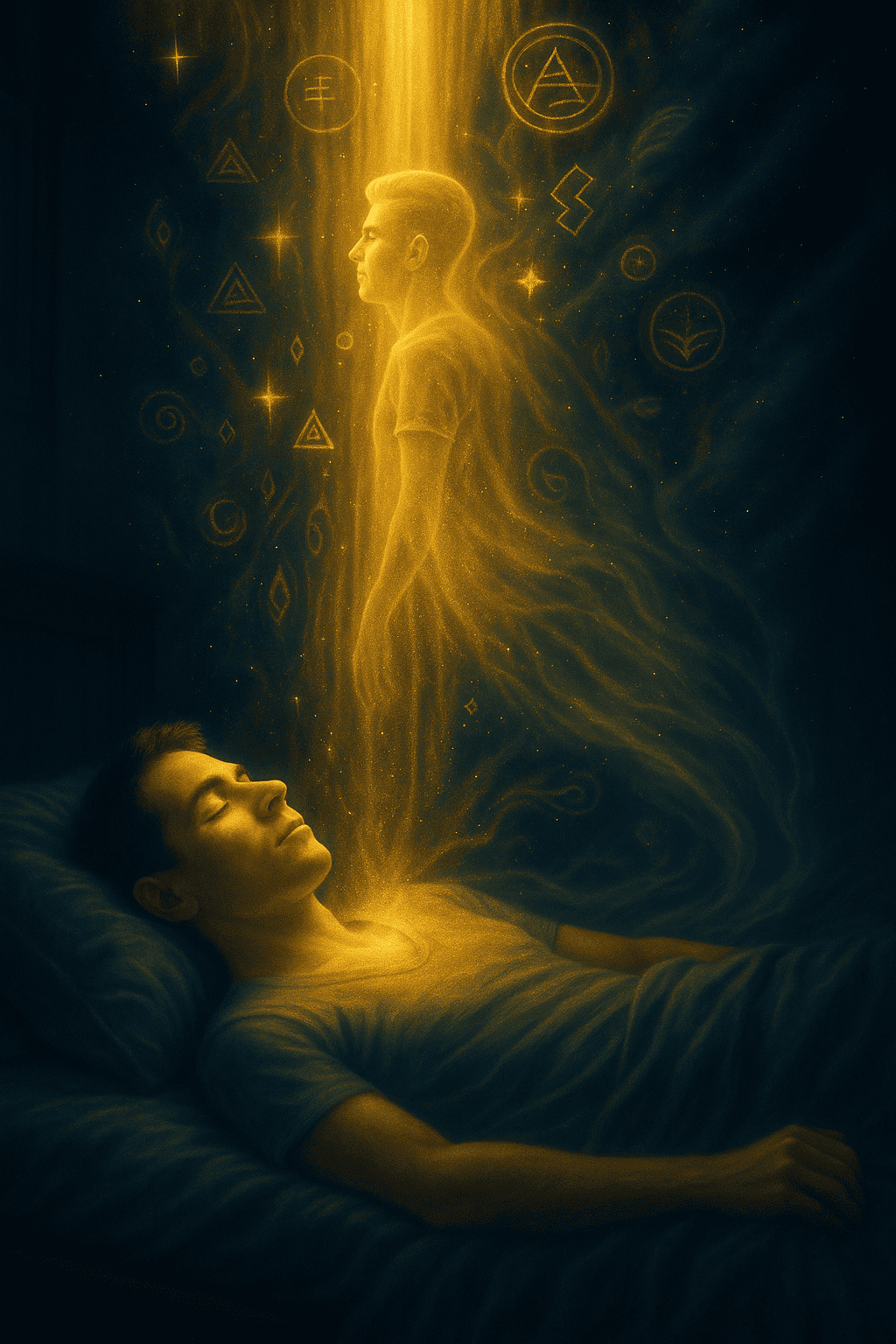A digital painting of a man receiving a divine message in a vivid dream. He stands surrounded by glowing light and cosmic energy, symbolizing a moment of sacred revelation and destiny.