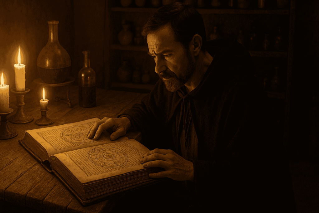 Elder mystic passing a glowing scroll into the hands of a younger apprentice, surrounded by candlelight.