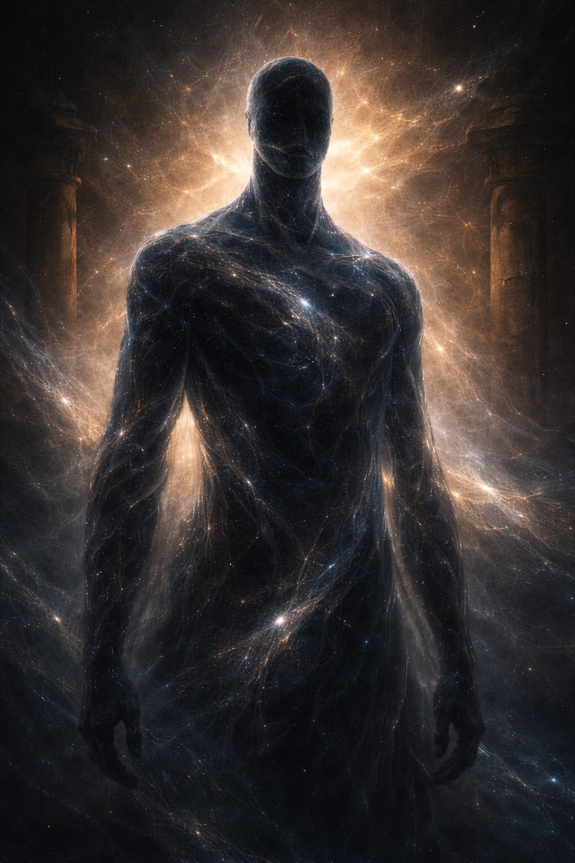 A powerful, dark celestial being composed of stars and nebulae stands between two monumental columns, radiating a vibrant, warm golden light from within and behind