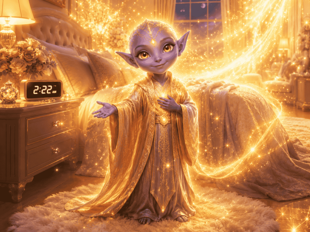 A small purple alien in golden robes gestures in a glowing bedroom.