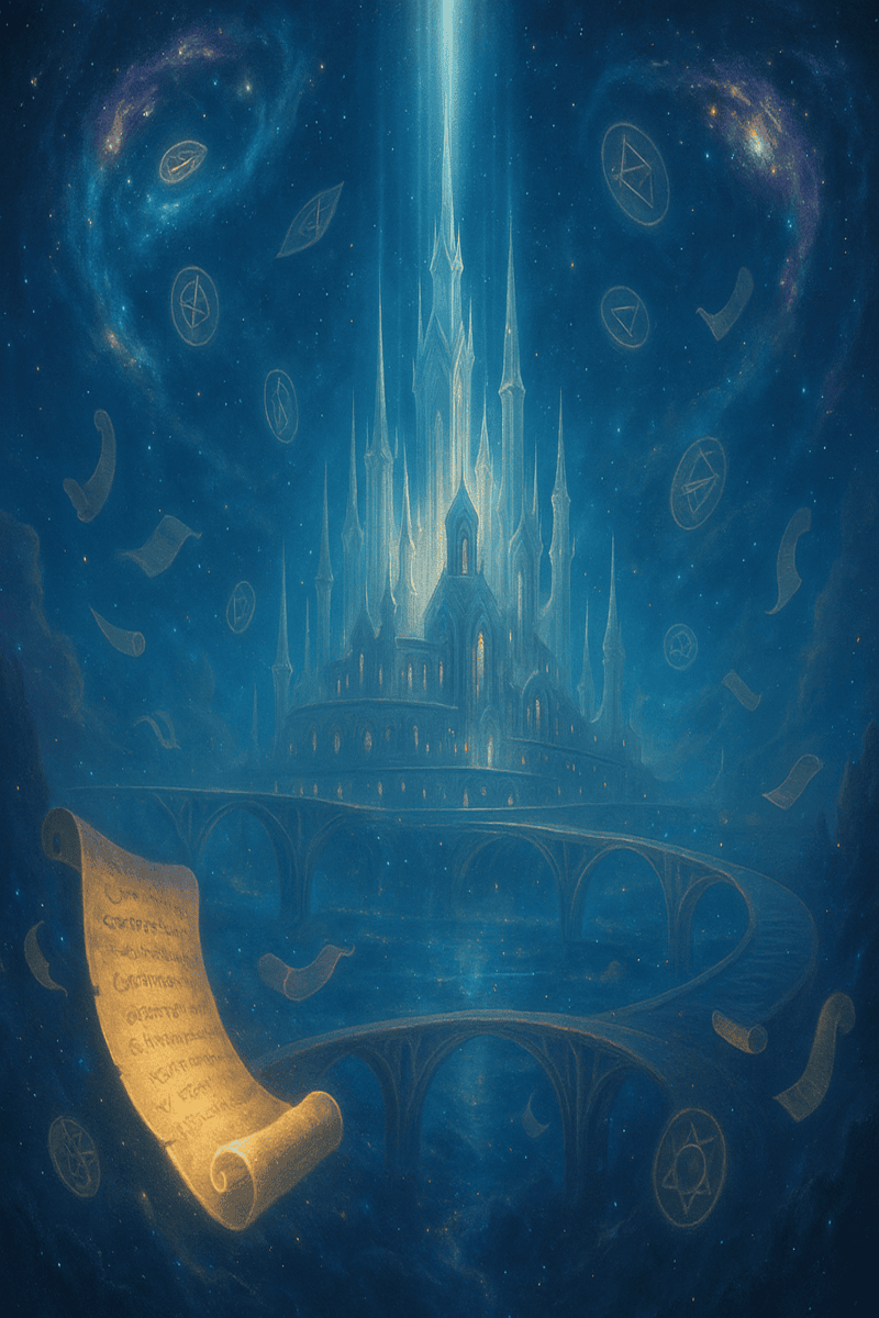 A breathtaking celestial city floats in the astral realm, featuring crystalline towers, glowing sky bridges, and radiant beams of light. Sacred scrolls and symbols swirl through the star-filled sky, capturing the mystical essence of the Astral Sky School.