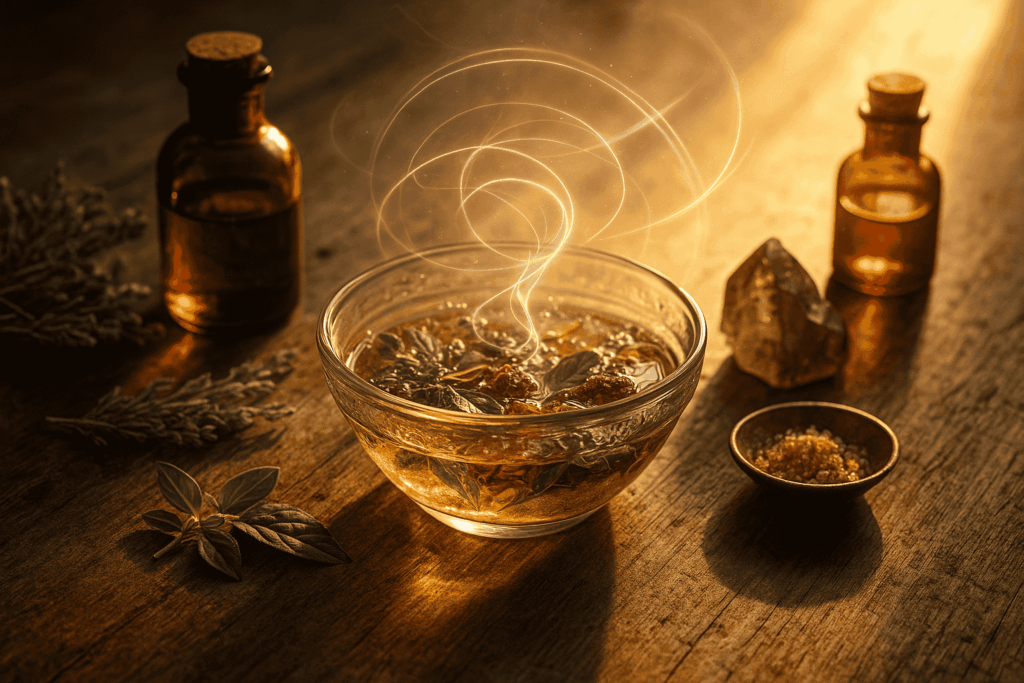 Glass bowl of herbs, oils, and crystals on a wooden table, bathed in golden sunlight with swirling energy lines above.