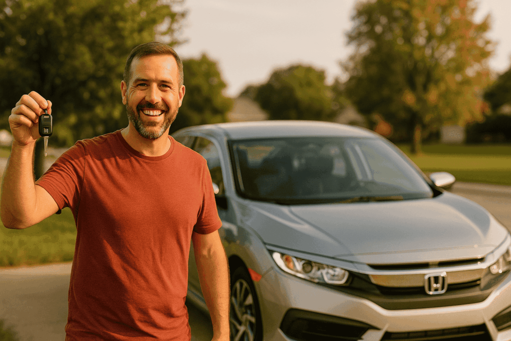 Smiling man standing next to a silver Honda Civic with keys in hand under a sunny sky.