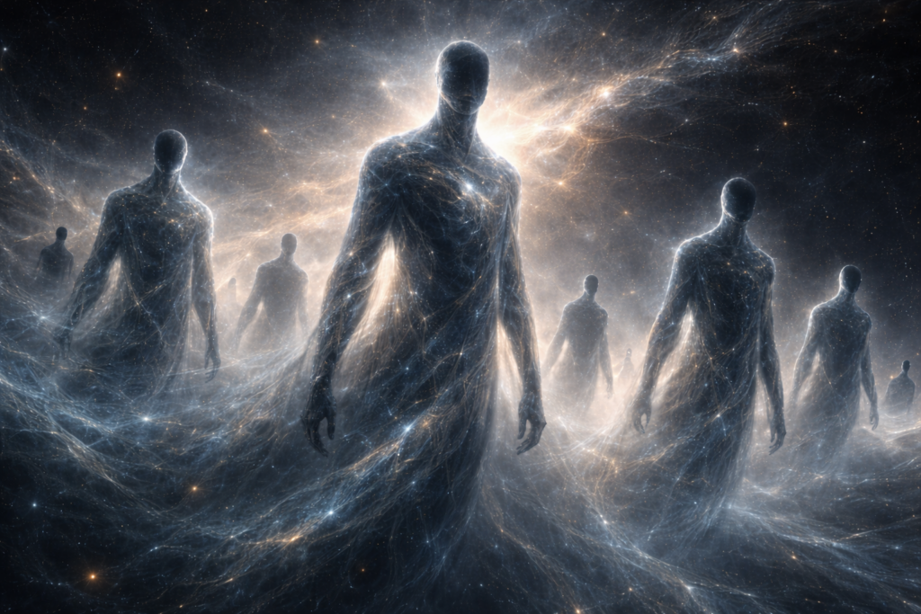 A cosmic image of several faceless, muscular figures in a cosmic void, each figure with an internal network of electrical sparks and a central star-like glow