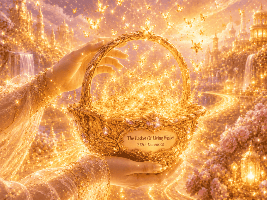 Hands hold a golden basket labeled "The Basket Of Living Wishes."