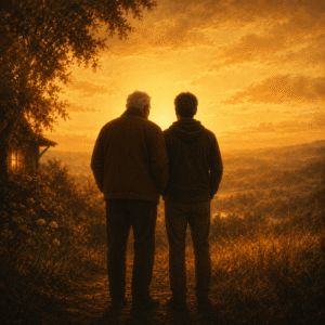 Two men stand side by side, looking out at a golden sunset.