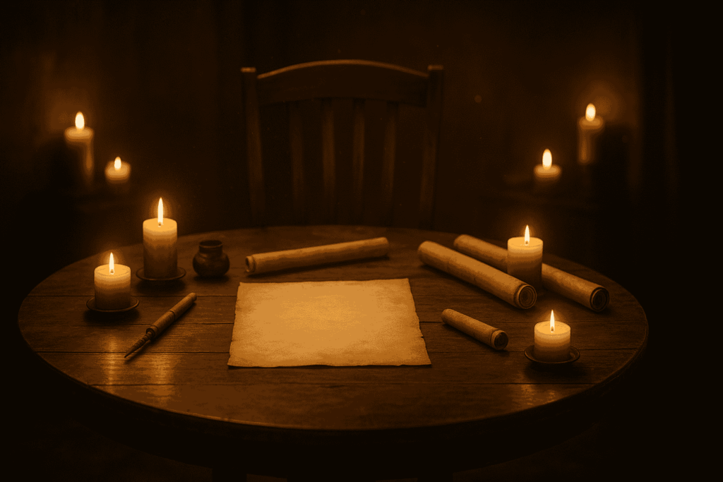 Elegant circular table with a single open seat, surrounded by candles and ancient scrolls, glowing warmly in candlelight.
