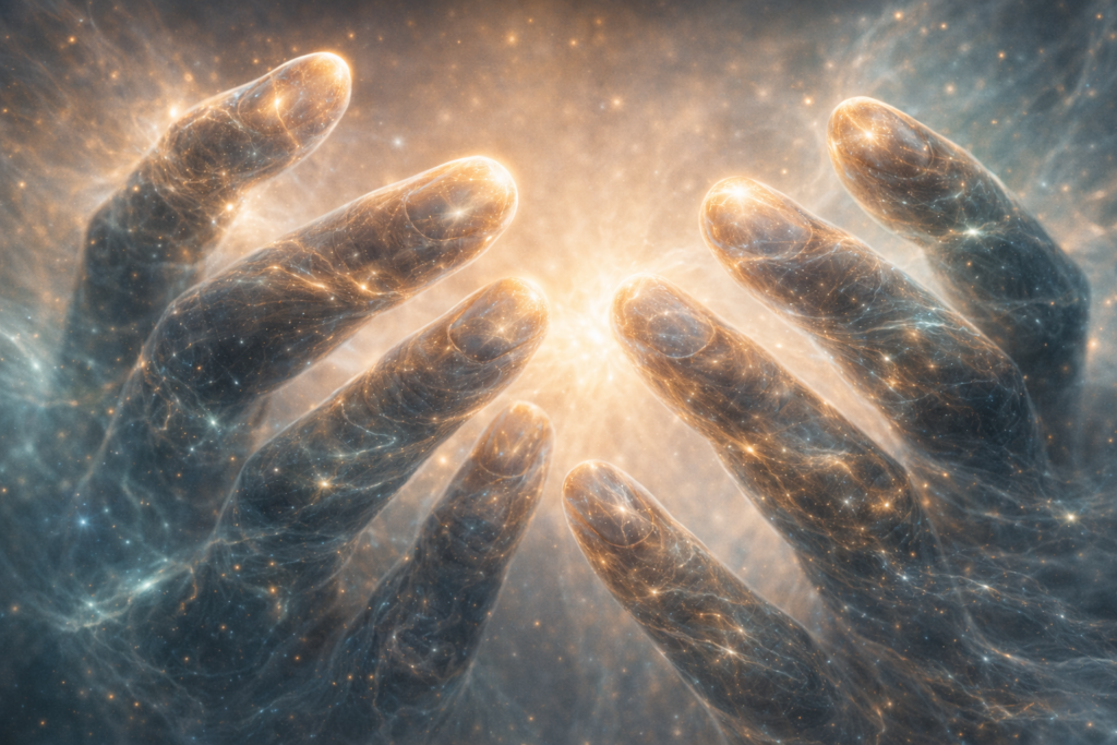 A cosmic close-up of two swirling, nebulous hands cupping a bright, glowing center.