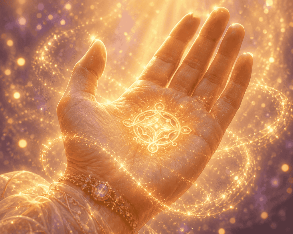A glowing symbol shines from the palm of an open hand.