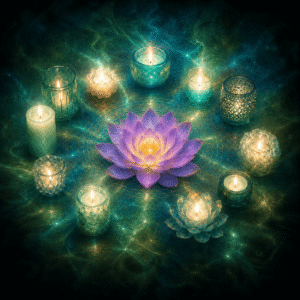 A glowing purple lotus surrounded by a circle of burning candles.