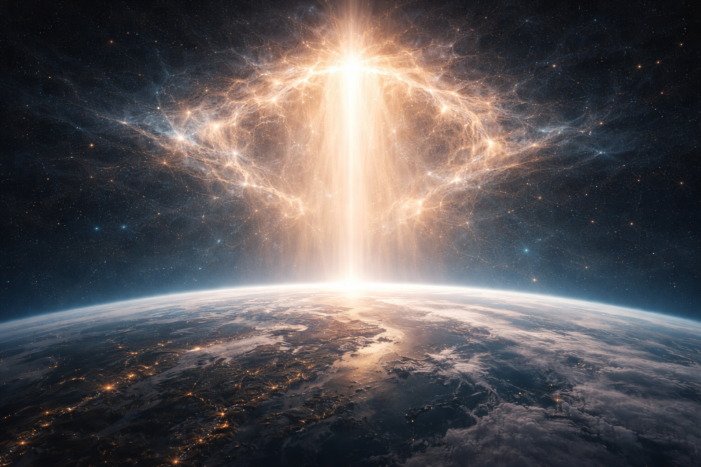 Gemini saidA radiant, star-like energy bursts into a large, shimmering halo of cosmic power high above a vast, clouded Earth.