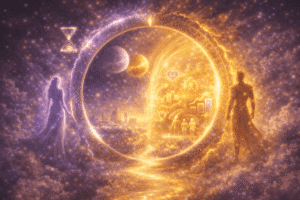 An ethereal purple figure and a golden figure stand on either side of a large, glowing circular portal that reveals symbols of a prosperous life and a futuristic city.