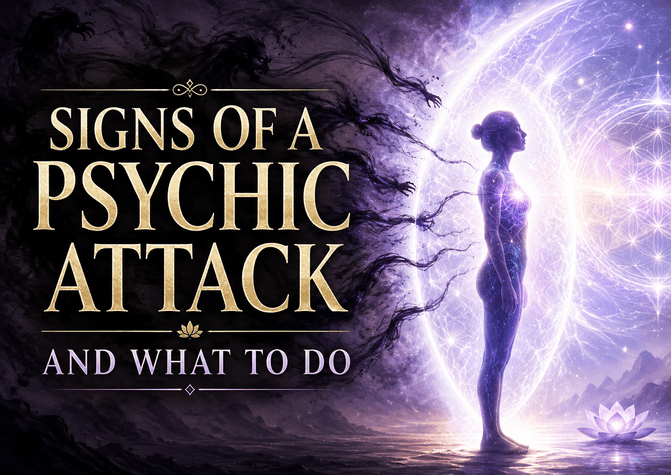 A glowing silhouette stands beside text reading "Signs of a Psychic Attack."