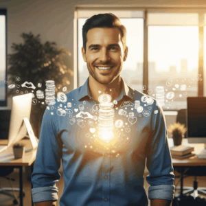 Man glowing with golden aura, symbolizing renewal of career, money, and friendships.