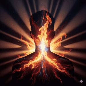 Glowing human silhouette with inner flame dissolving shadows.