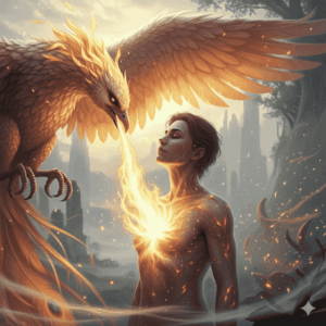 Phoenix breathing fire of renewal into a human heart glowing with light.