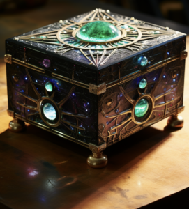 treasure box with green gem imbedded into its body