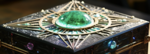green gem found at the center of a treasure box cover