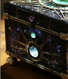 side view of a treasure box with green illuminating gem