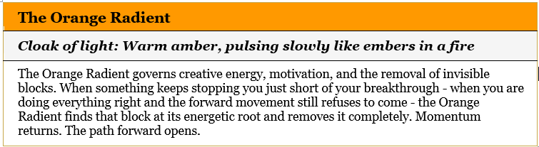 An informational card titled "The Orange Radient" with descriptive text.