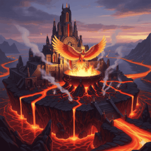 Golden and obsidian temple floating above lava, with a Phoenix above a massive sacred flame.