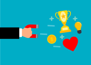 a hand holding a magnet pulling towards symbols of success, wealth, ideas, and love against a blue background