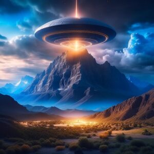 an Unidentified Flying Object (UFO) hovering above a mountainous landscape