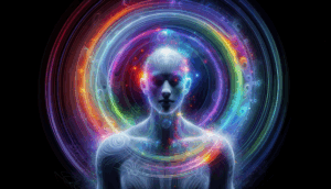  An AI-generated image of a androgynous figure with a glowing, ethereal body, with concentric rings of multicolored light radiating outwards from the head and chest