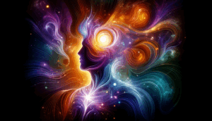 Abstract profile of a head made of swirling, colorful light with a bright center